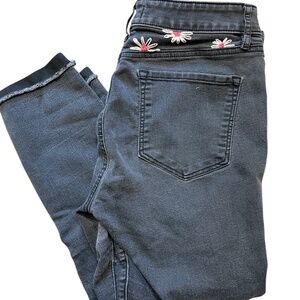 High Waisted Black Skinny Jeans Pink Floral Handmade Embroidery Size 8